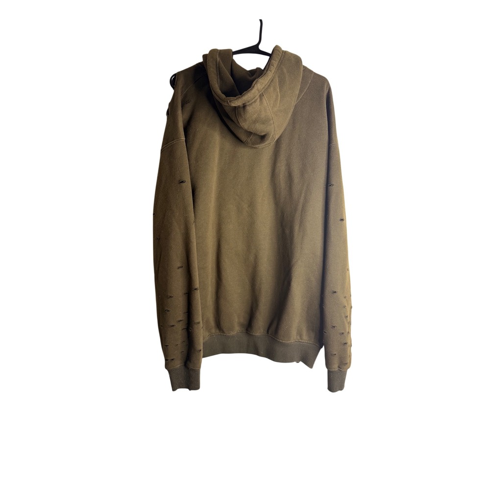 EPTM Olive Distressed Hoodie L Streetwear Ripped Thrashed Olive Green Pullover - Picture 2 of 7